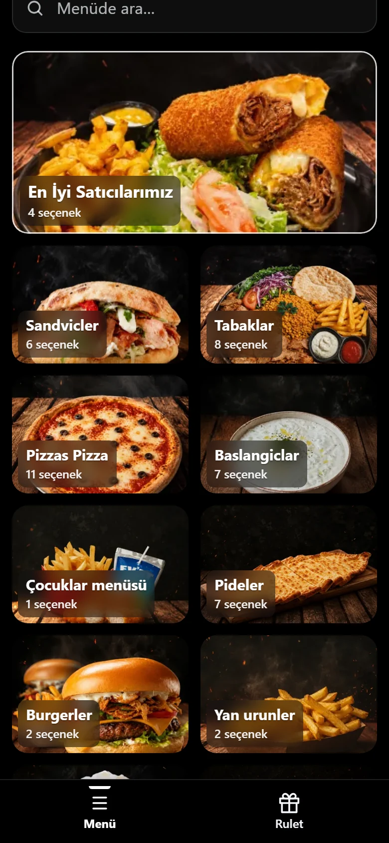 Ev'Et's menu (Turkish)