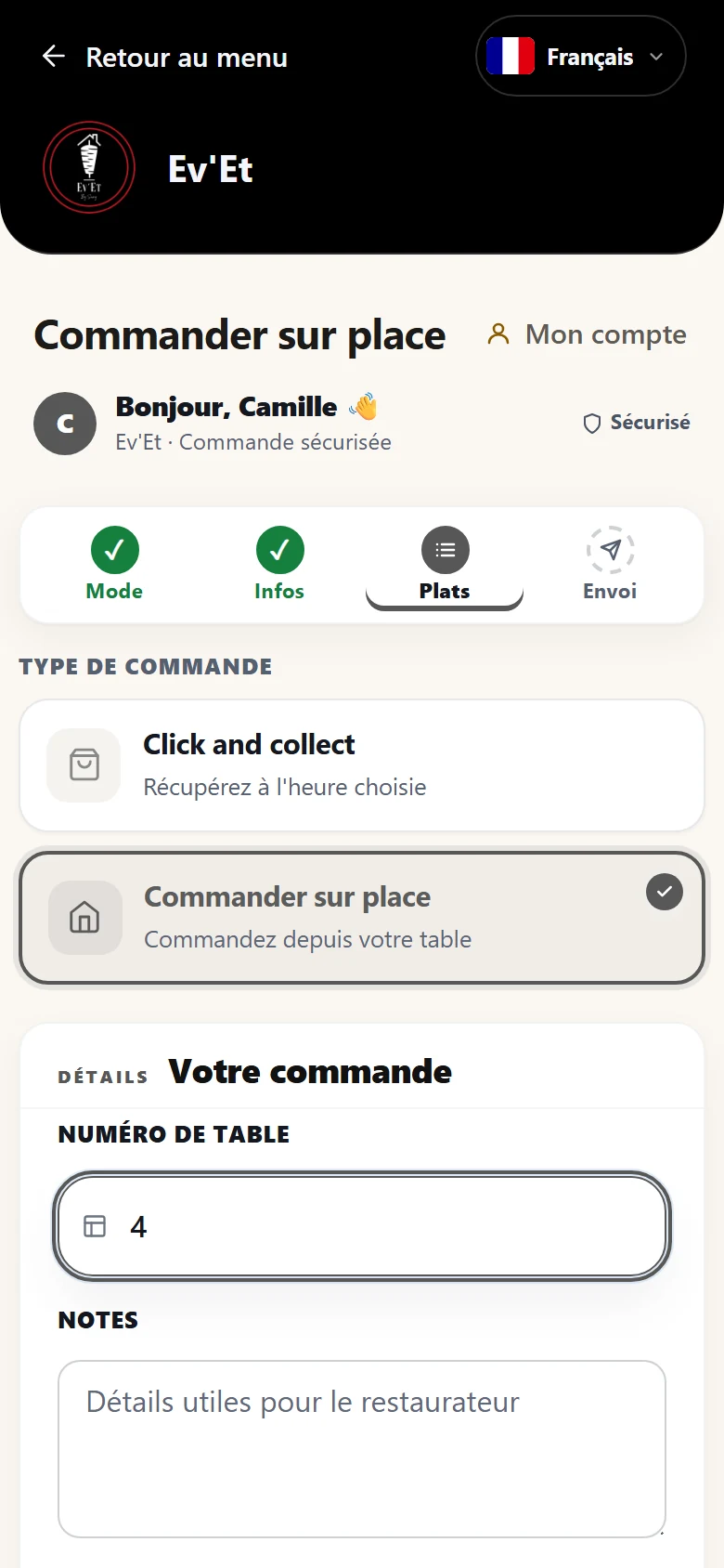 Choix du mode de commande et du numéro de table, menu d'Ev'Et (démonstration)