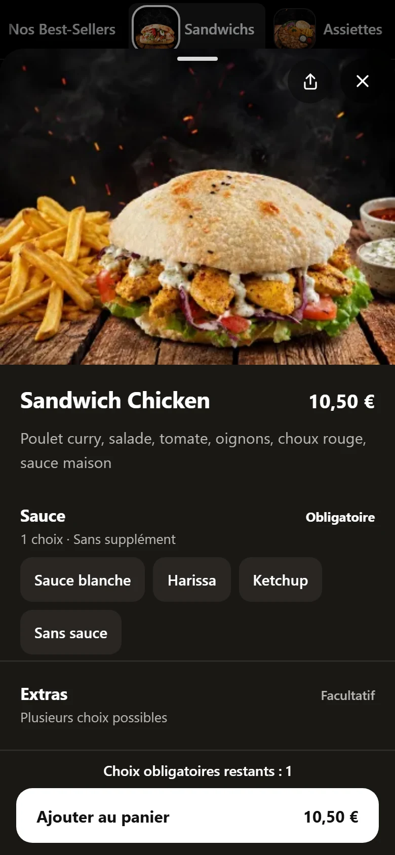 La fiche du Sandwich Chicken d'Ev'Et : photo, prix et choix de la sauce (démonstration)