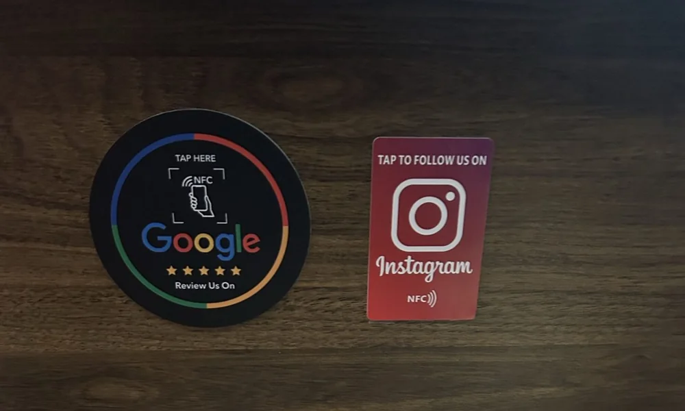 Google and Instagram NFC cards at the restaurant.