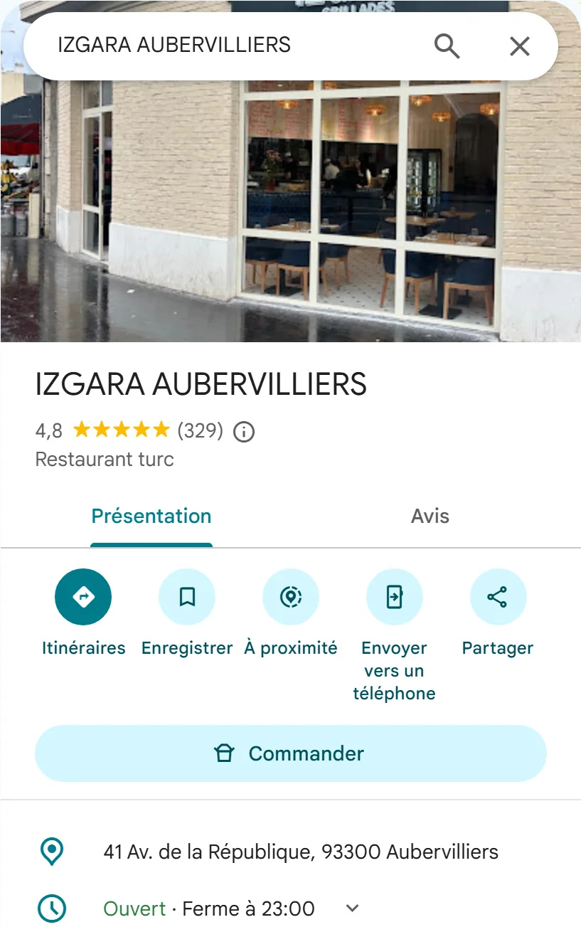 Fiche Google du restaurant Izgara à Aubervilliers. Vue publique du 27/10/2026.