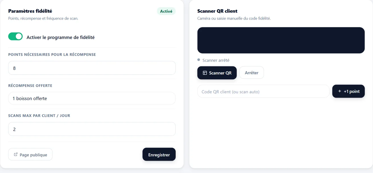 Ev'Et's loyalty settings and customer QR scanner (demonstration)