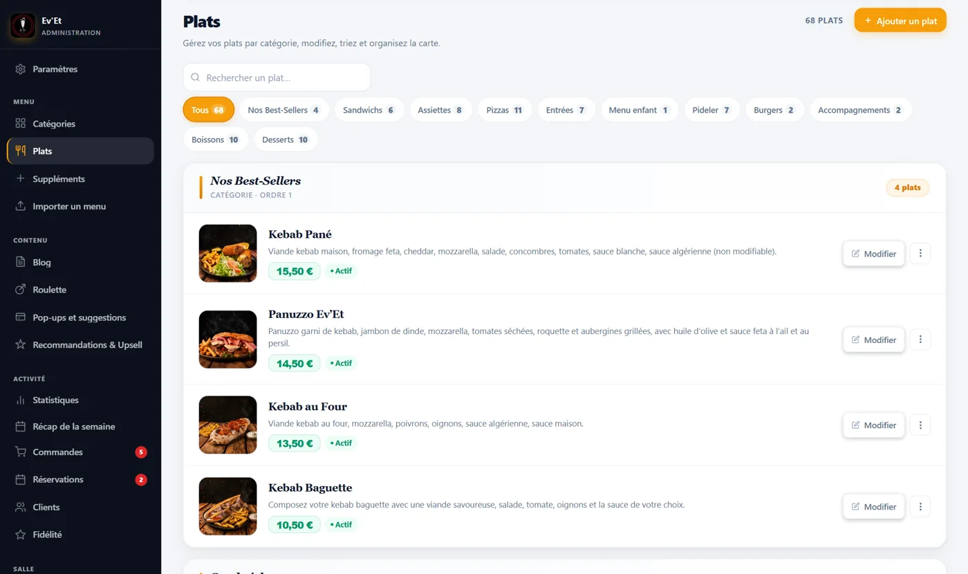 Ev'Et's dish administration: categories, photos, prices and Edit button (demonstration)