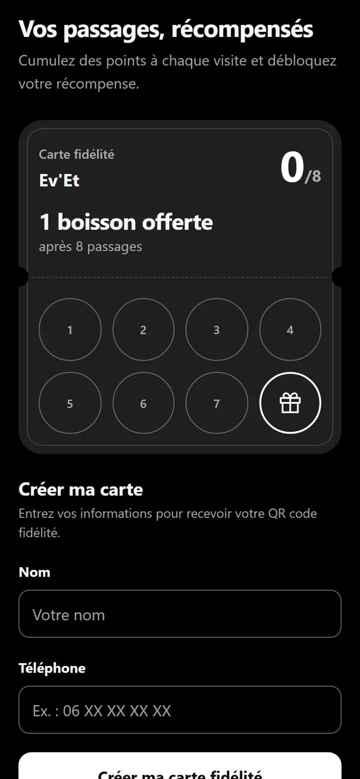 Creating Ev'Et's loyalty card: name, phone and a row of boxes (demonstration)