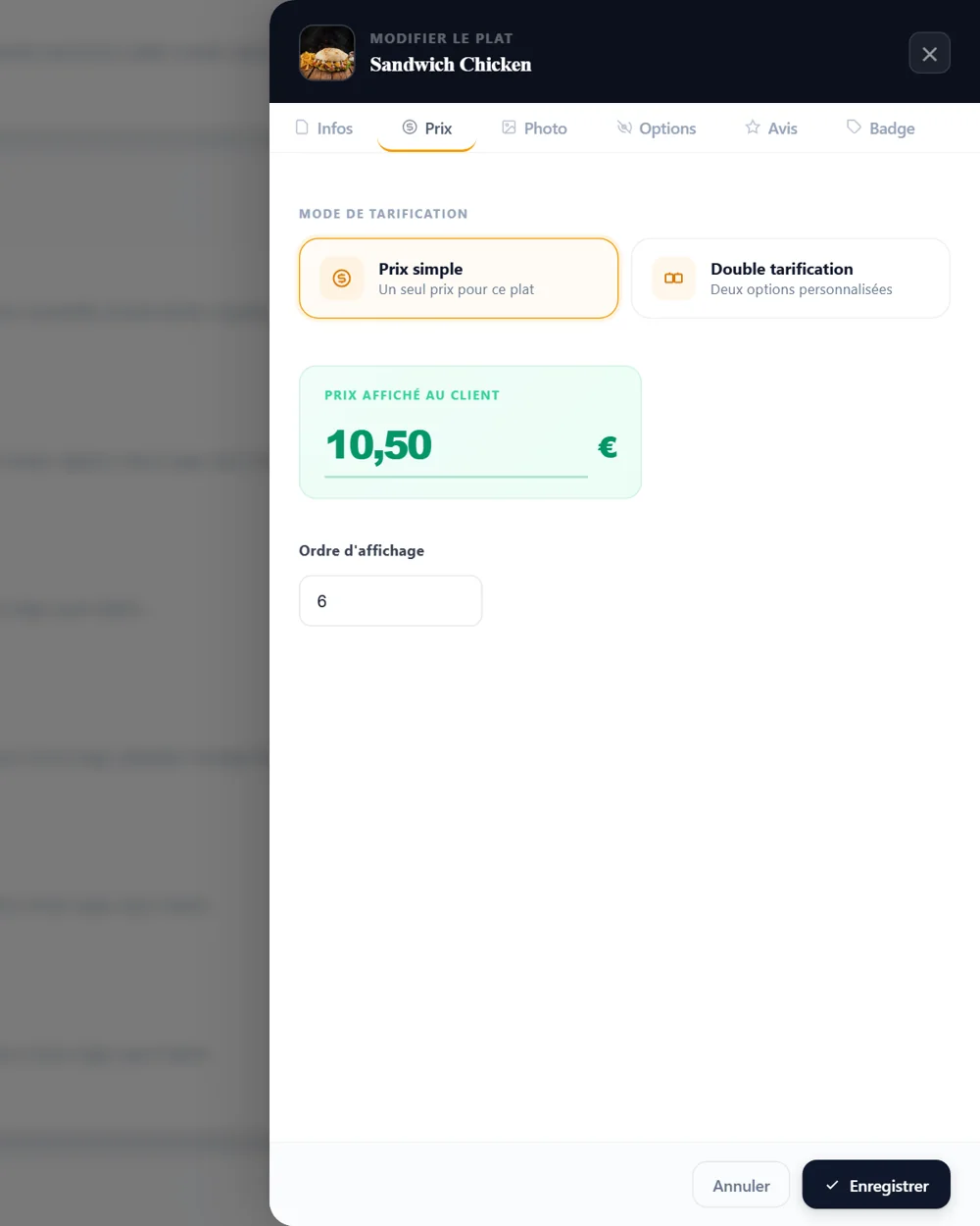Ev'Et's dish editing panel: Info, Price, Photo, Options, Ratings, Badge tabs (demonstration)