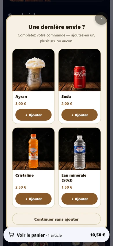 “Anything else?” window: four drinks offered, Add and Continue without adding buttons