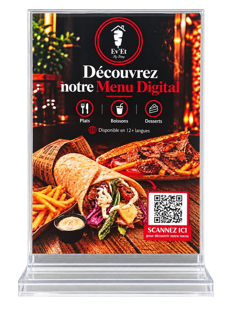 Présentoir de table, recto : menu digital d'Ev'Et avec QR code (visuel de présentation retouché)