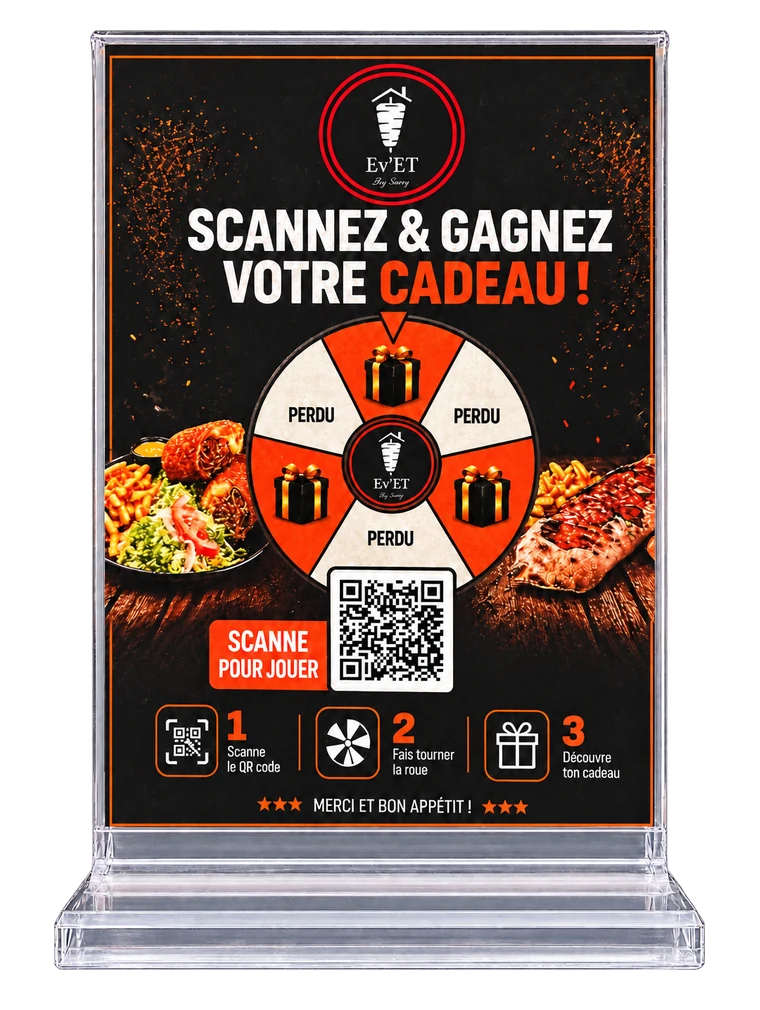 Présentoir de table, verso : roulette d'Ev'Et avec QR code (visuel de présentation retouché)