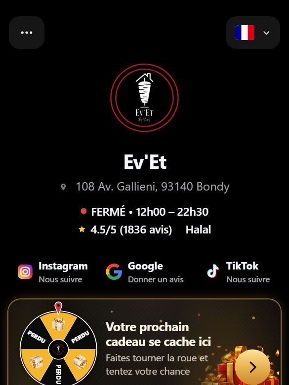 Aperçu actuel du menu de Ev'Et